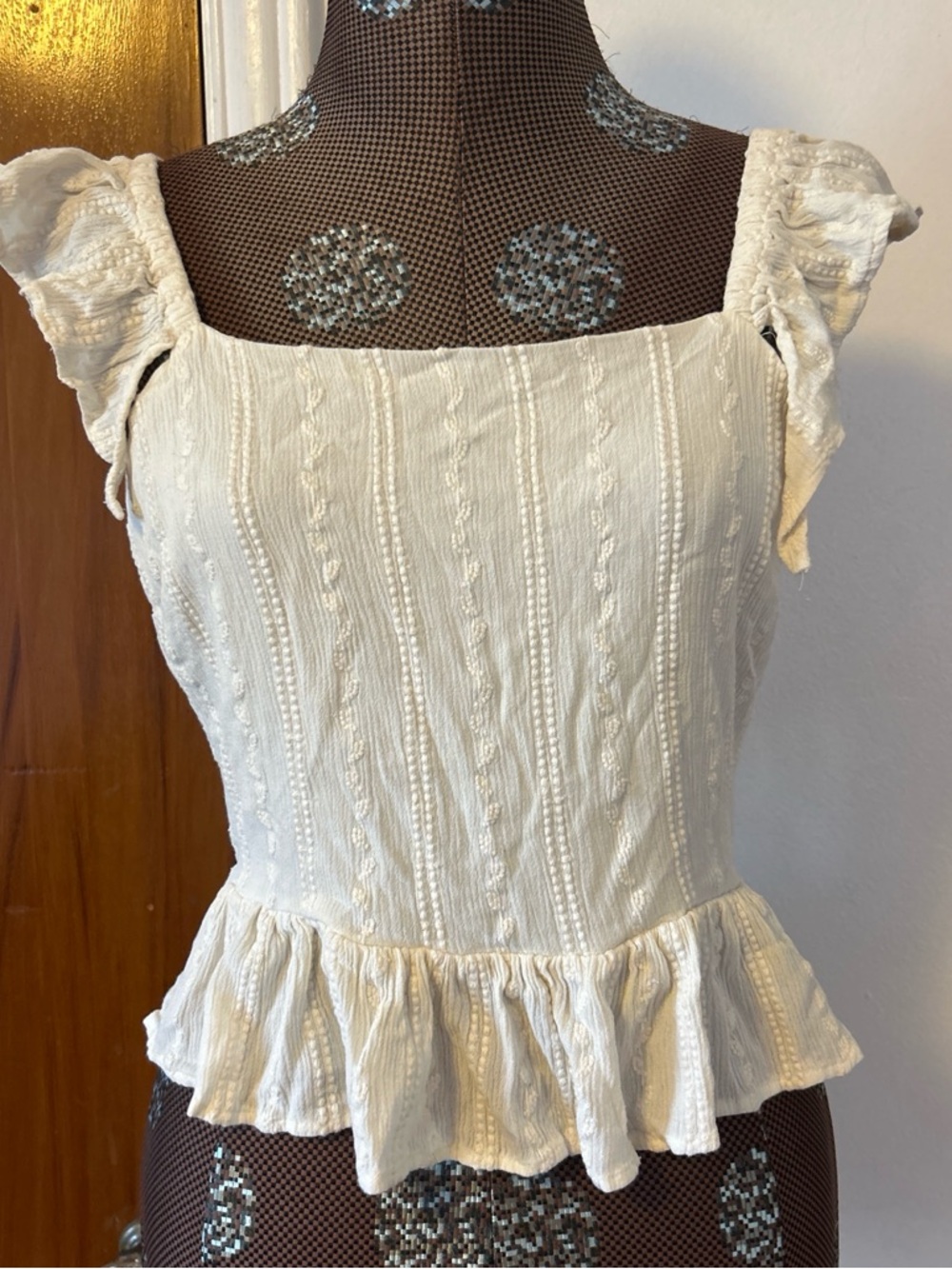Express Cream Textured Peplum Camisole with Ruffle Tie Straps